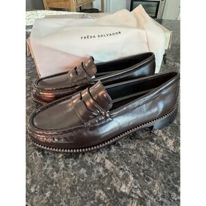 Freda Salvador Elba Modern Penny Loafer Espresso Spazzolato Brown Leather 7.5
